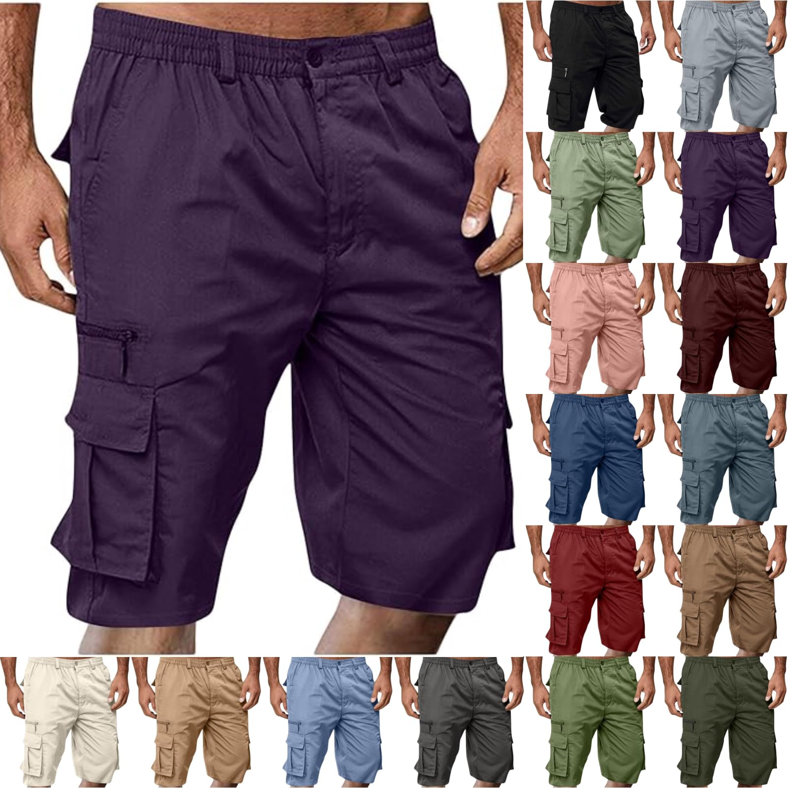 Cargo Shorts for Men Casual Summer Hiking Pants Elastic Waist Big and Tall Knee Length Multi-Pockets Bermuda Shorts